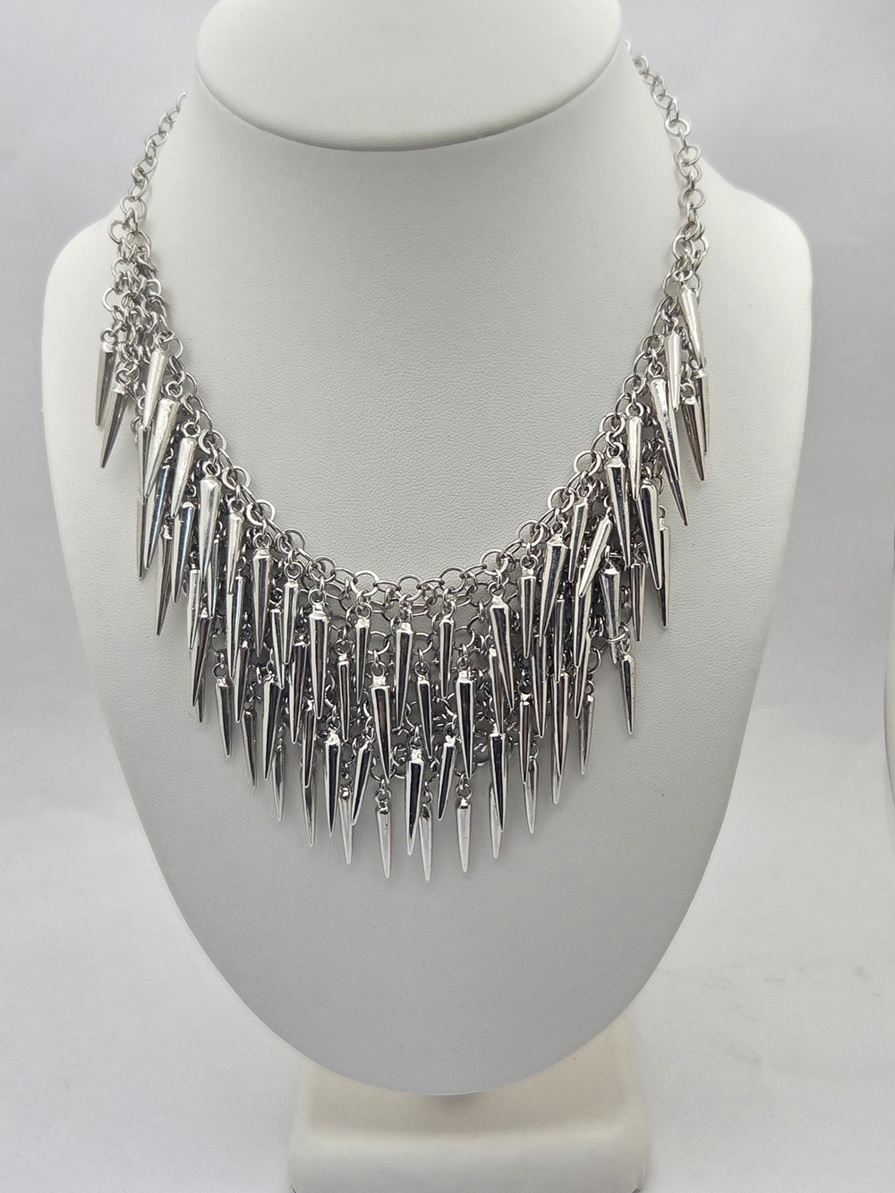 FAC Silver Tone Spike Fringe Collar Statement Necklace 16.5"-19"